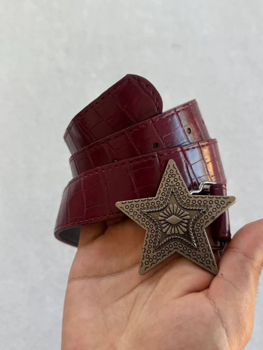 Burgundy Croc Embossed Western Star Belt